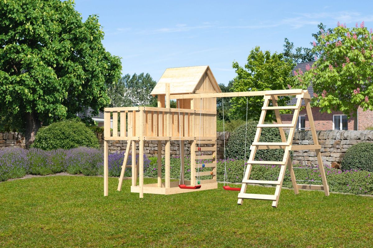 Stelzenhaus Frieda naturbelassen, Set mit Plattform, Kletterschaukel und Kletterwand