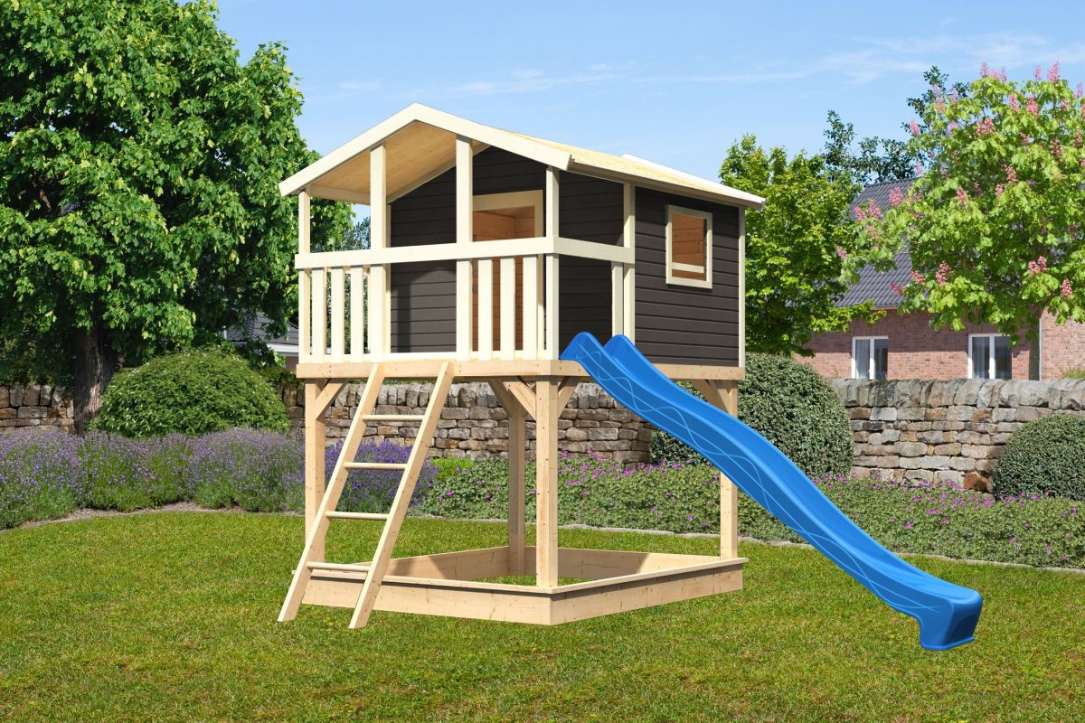 Stelzenhaus Benjamin terragrau mit Rutsche blau