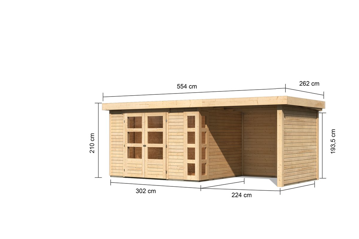Gartenhaus Kerko 5 - 302x246 cm plus Anbaudach 2,40 m mit Wänden, 19 mm Holz naturbelassen, Karibu