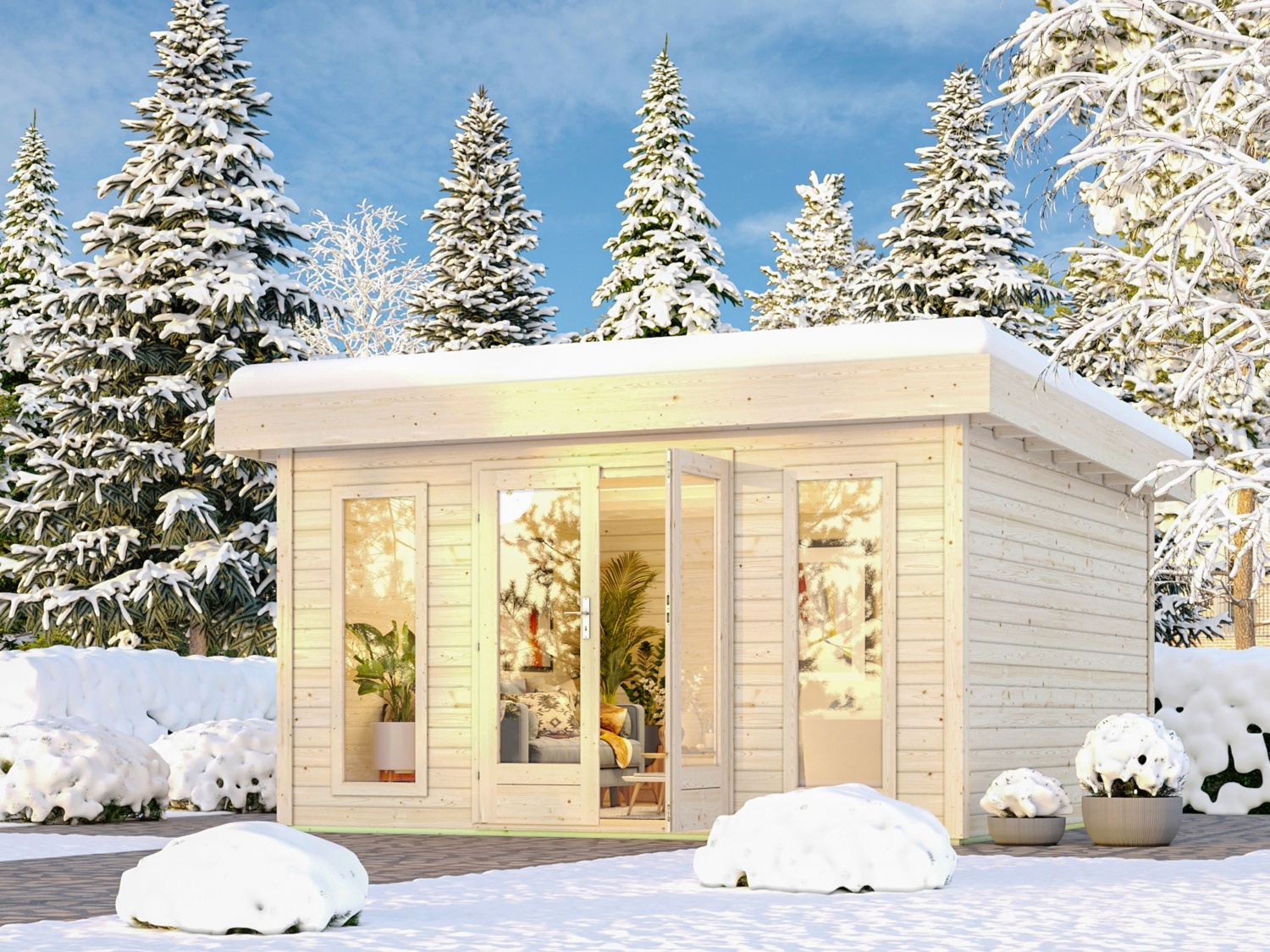 Gartenhaus North mit verstärktem Dach - 393x393 cm, 38 mm Holz  naturbelassen, Karibu