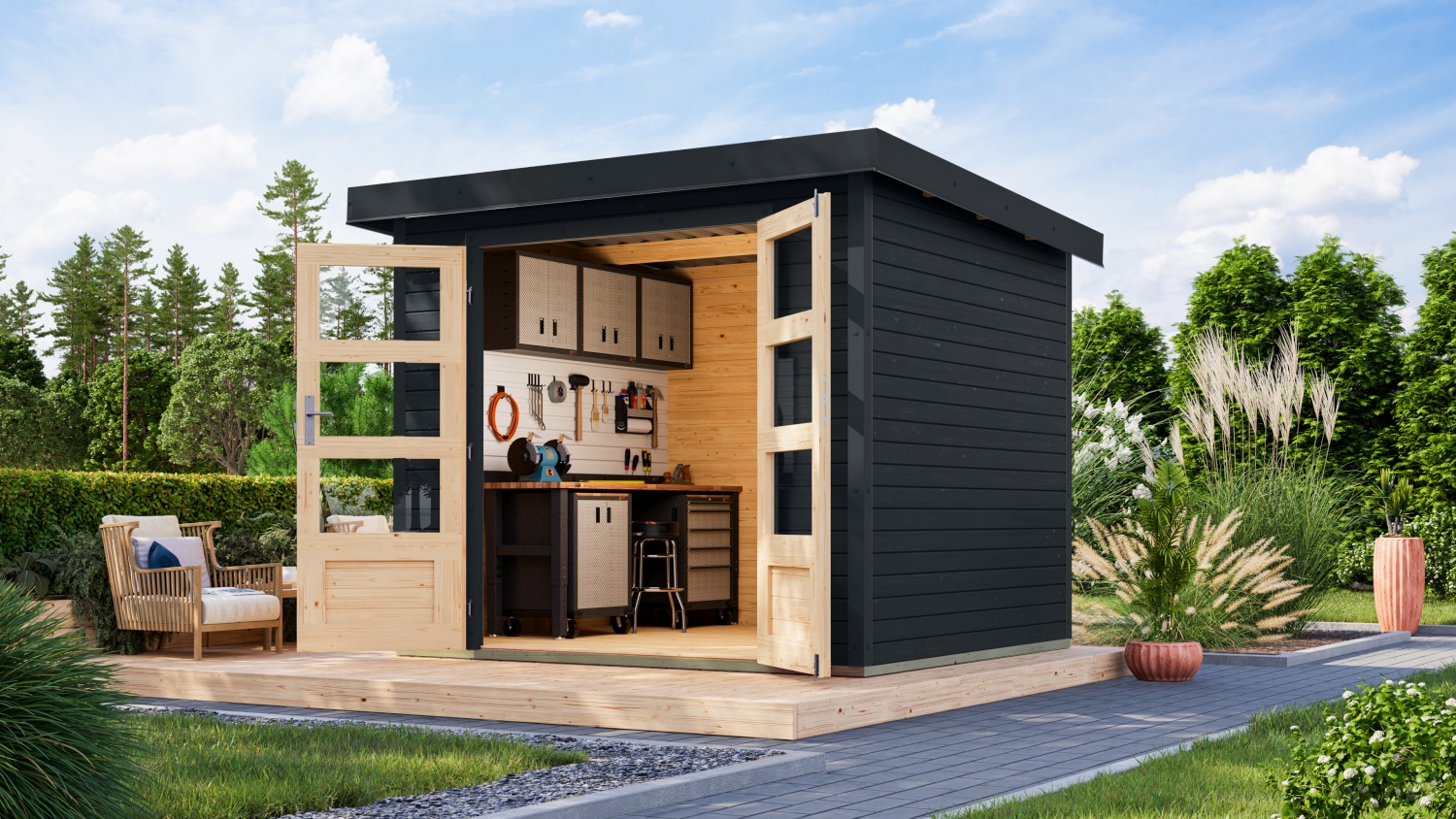 Hybrid-Gartenhaus Jupiter 3C - 238x213 cm, 19mm anthrazit/anthrazit