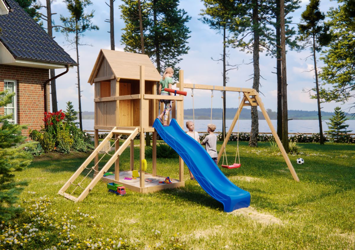 Stelzenhaus Frieda naturbelassen, Set mit Doppelschaukel, Netzrampe und Rutsche blau,