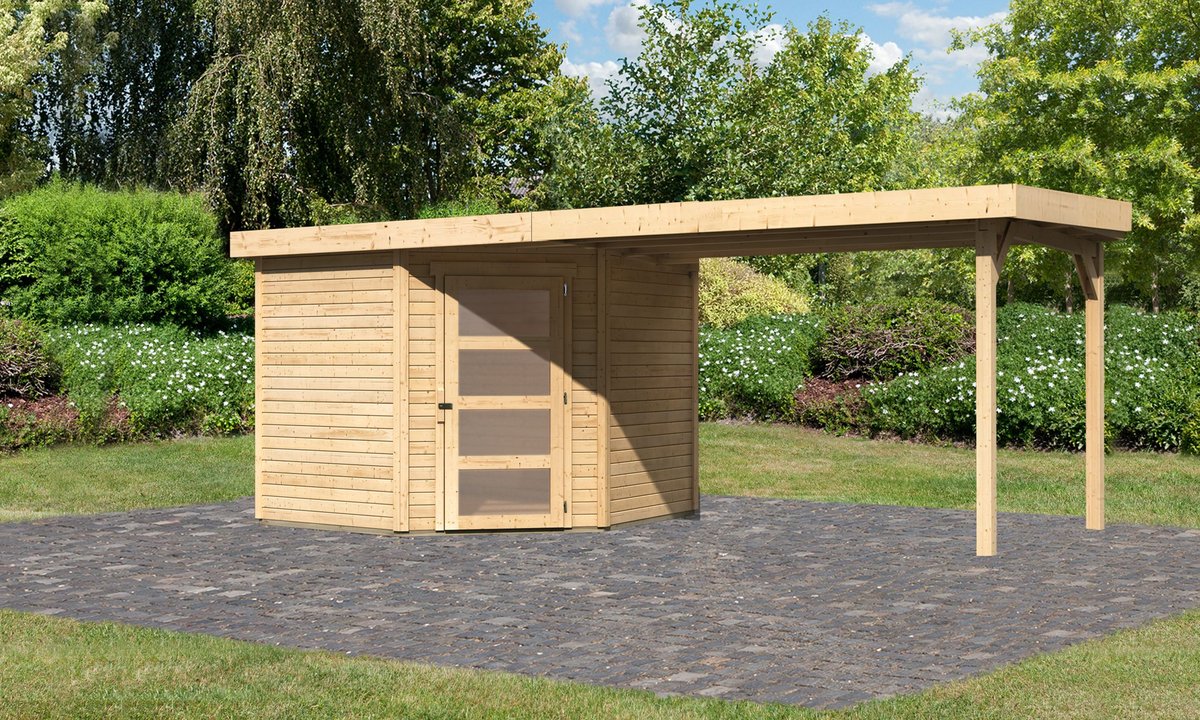 Gartenhaus Schwandorf 5, 242 x 246 cm inkl. Anbaudach 2,80 m, 19 mm Holz naturbelassen, Karibu