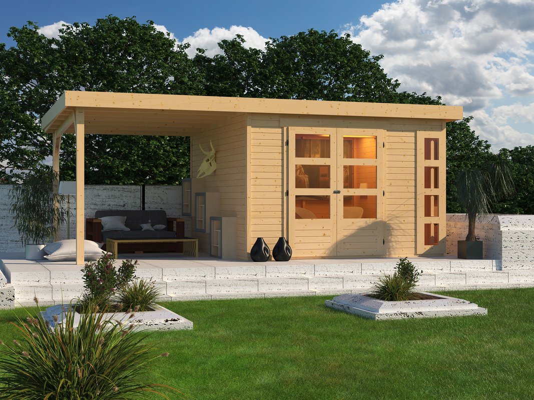 Gartenhaus Kerko 6 - 298 x 302 cm, inkl. Anbaudach 2,40m, 19 mm Holz naturbelassen, Karibu