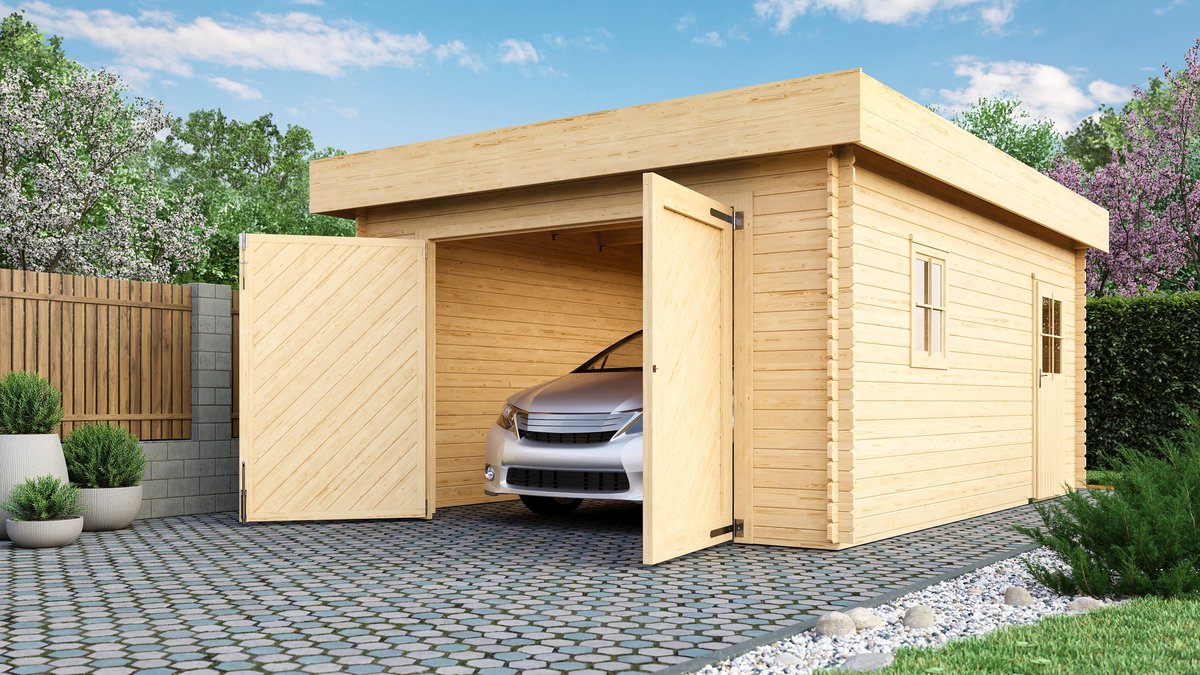 Holzgarage 28 mm Blockbohlen naturbelassen, Flachdach-Einzelgarage 387x537 cm, Karibu