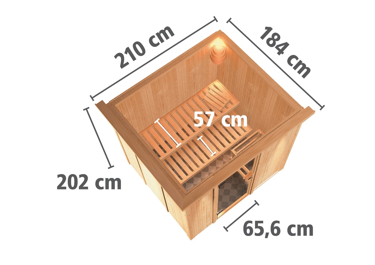 Energiesparsauna Eupin GREEN POWER - 196x170 cm, 68 mm Karibu Systemsauna mit Dachkranz|ohne Ofen Energiesparsauna Eupin GREEN POWER - 196x170 cm, 68 mm Karibu Systemsauna mit Dachkranz|ohne Ofen