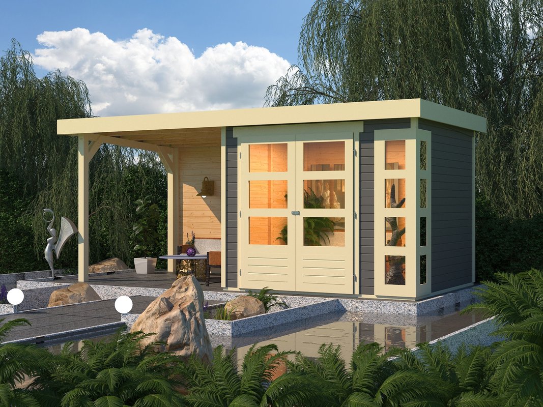 Gartenhaus Kerko 3 - 238 x 213 cm inkl. Anbaudach 2,40 m mit Rückwand, 19 mm Holz terragrau