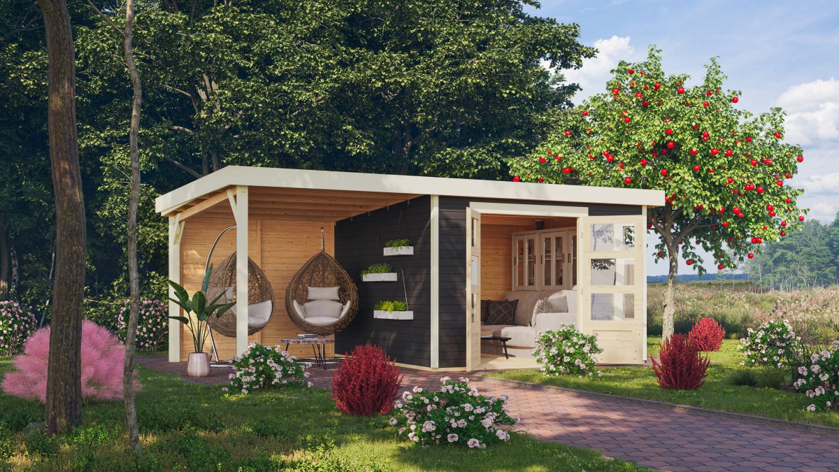 Gartenhaus Kerko 6 - 298x302 cm, inkl. Anbaudach 2,40m mit Rückwand, 19 mm terragrau, Karibu