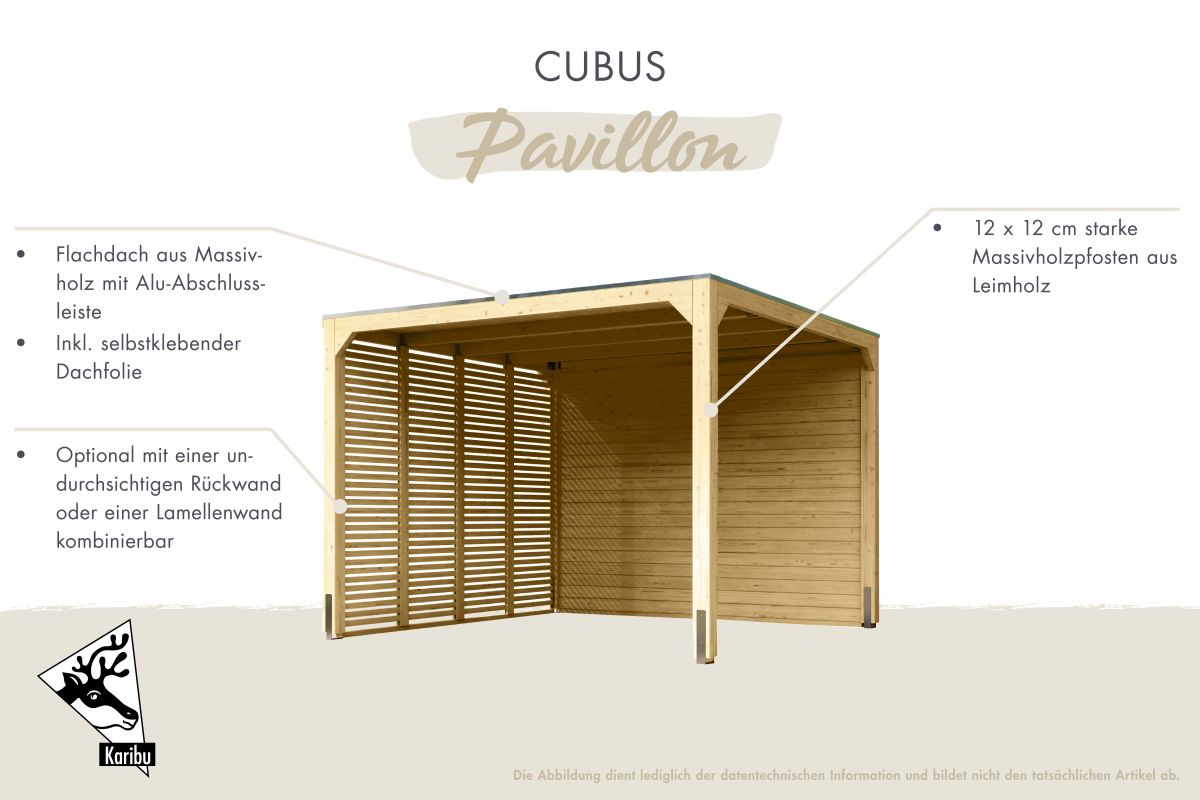 Pavillon Cubus mit 2 Verlängerungen - 934x320 cm, Leimholz natur, Karibu