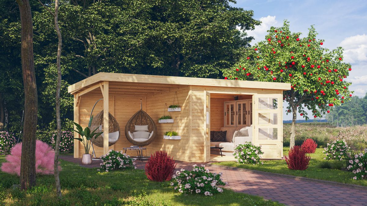 Gartenhaus Kerko 6 - 298x302 cm, inkl. Anbaudach 2,40m mit Rückwand, 19 mm naturbelassen, Karibu
