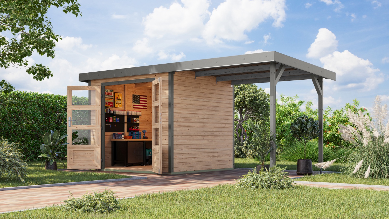 Hybrid-Gartenhaus Jupiter 3A - 238x213 cm plus 2,35 m Anbaudach, 19mm naturbelassen/graualuminium