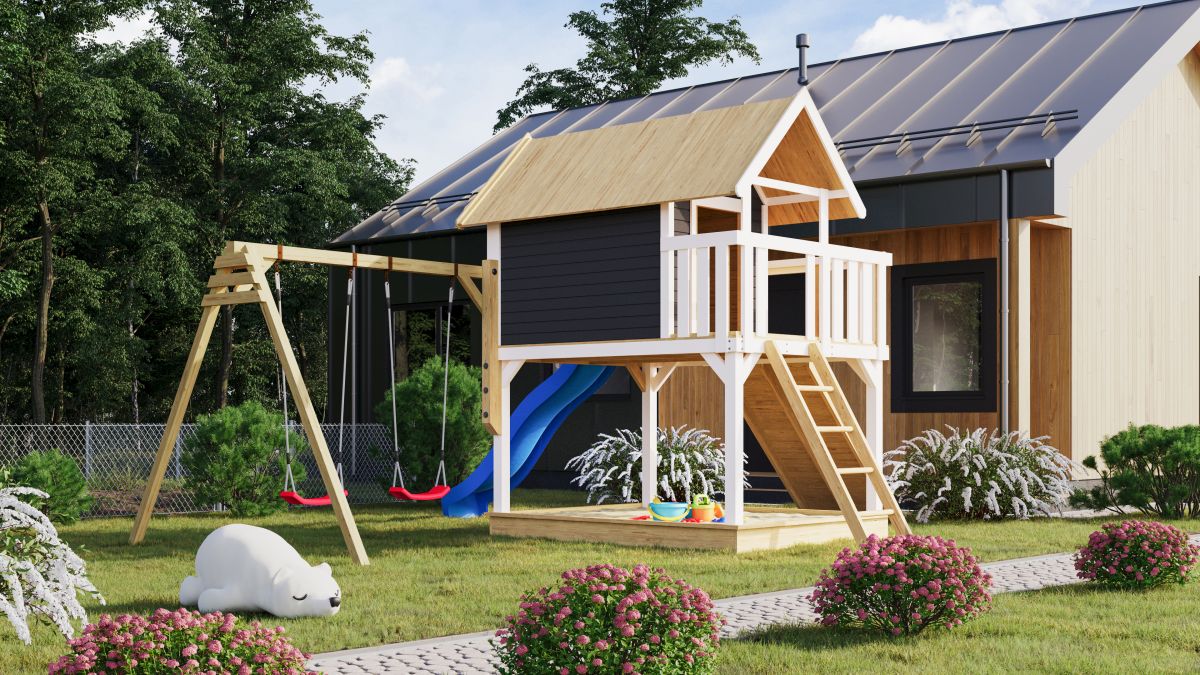 Stelzenhaus FIDEL terragrau mit Doppelschaukel und Rutsche blau