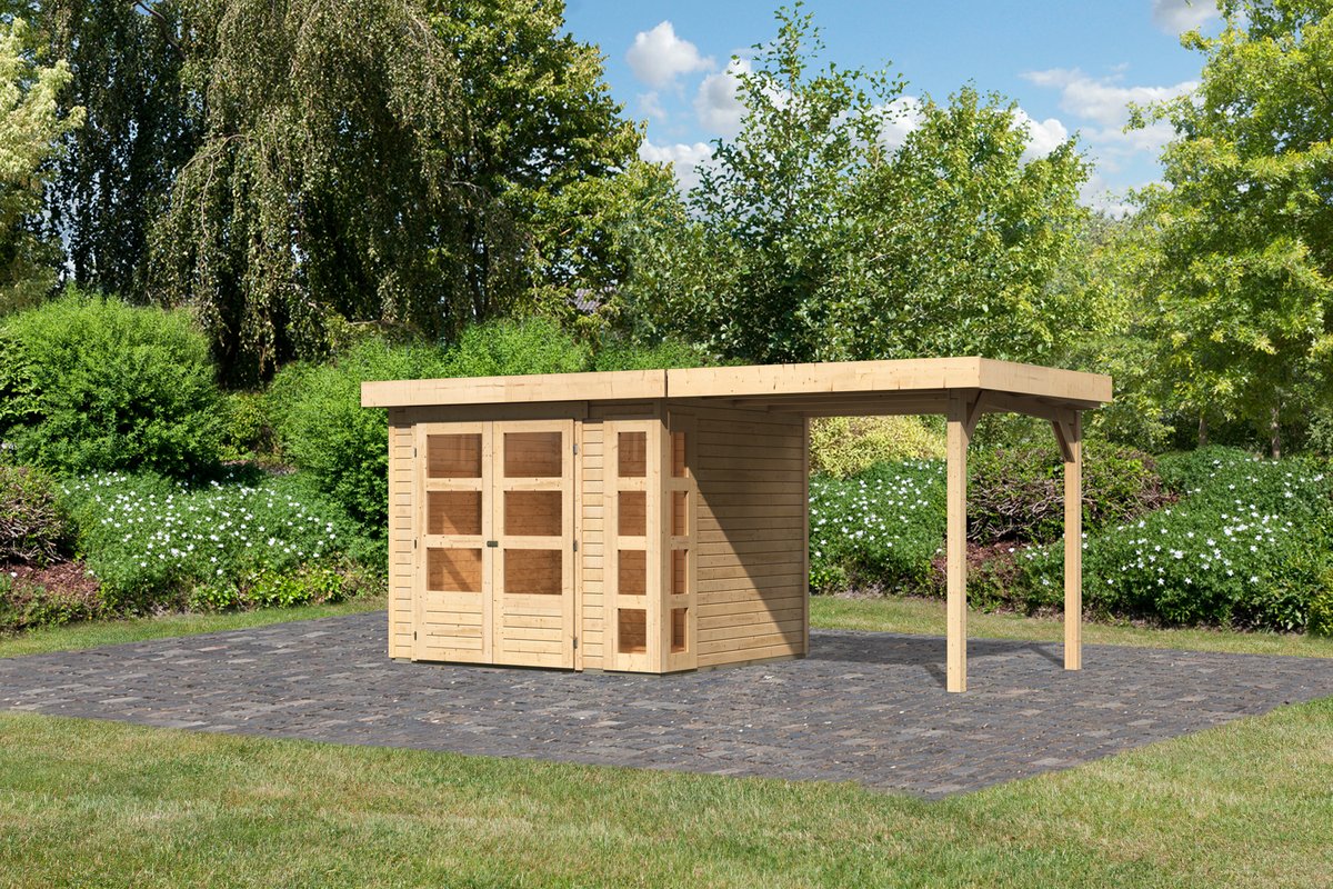 Gartenhaus Kerko 3 - 238 x 213 cm inkl. Anbaudach 2,40 m, 19 mm Holz naturbelassen, Karibu