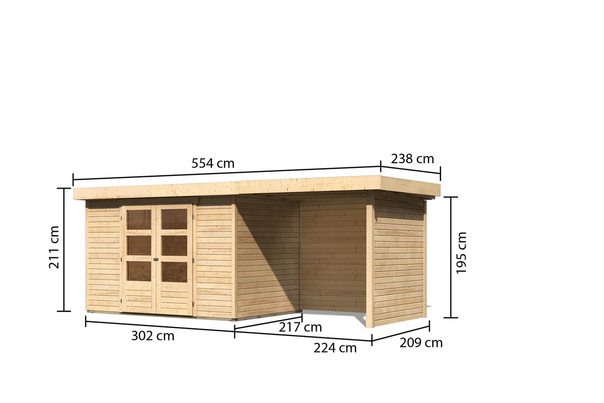 Gartenhaus Askola 4 - 302x217 cm plus Anbaudach 2,40m mit Wänden, 19 mm naturbelassen, Karibu