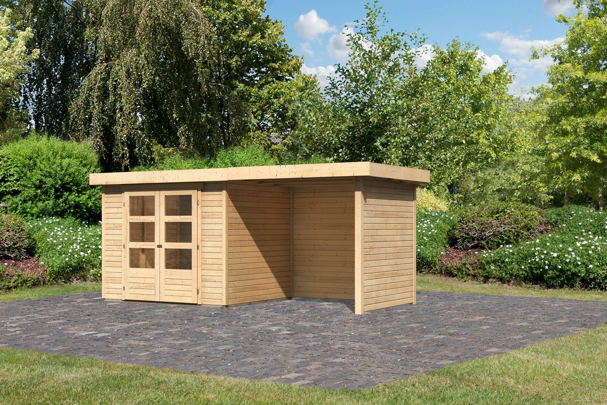 Gartenhaus Askola 3 - 242x217 cm, 19 mm naturbelassen plus Anbaudach 2,40m mit Wänden, Karibu