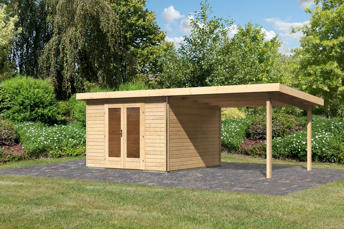 Gartenhaus Radeburg 1 - 309x309 cm plus Anbaudach 3,30m, 40 mm Holz naturbelassen, Karibu