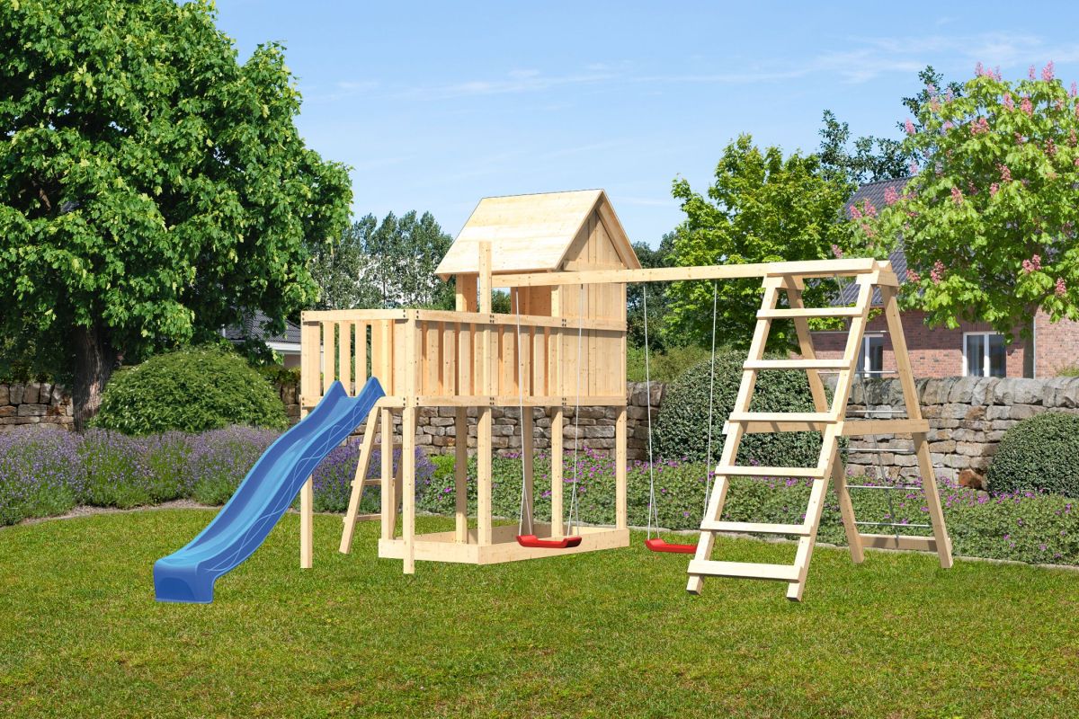 Stelzenhaus Frieda naturbelassen, Set mit Plattform, Kletterschaukel und Rutsche blau