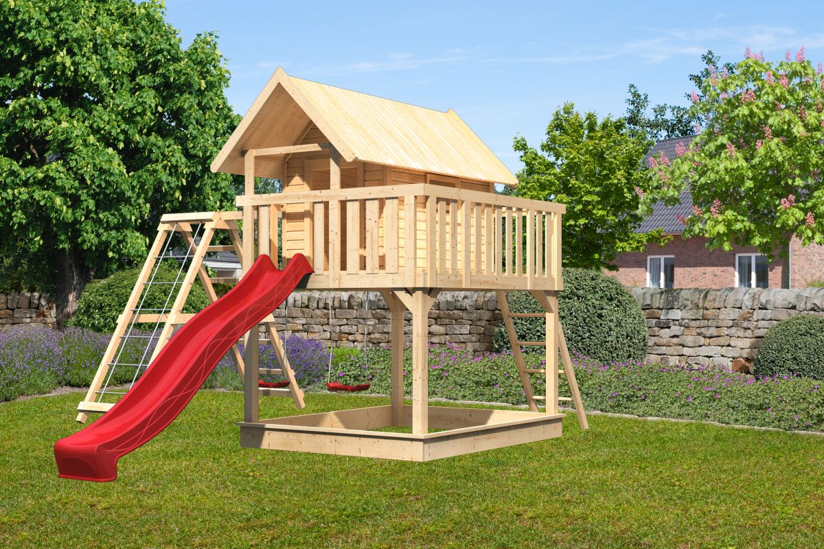 Stelzenhaus FIDEL naturbelassen mit Kletterlschaukel und Rutsche rot
