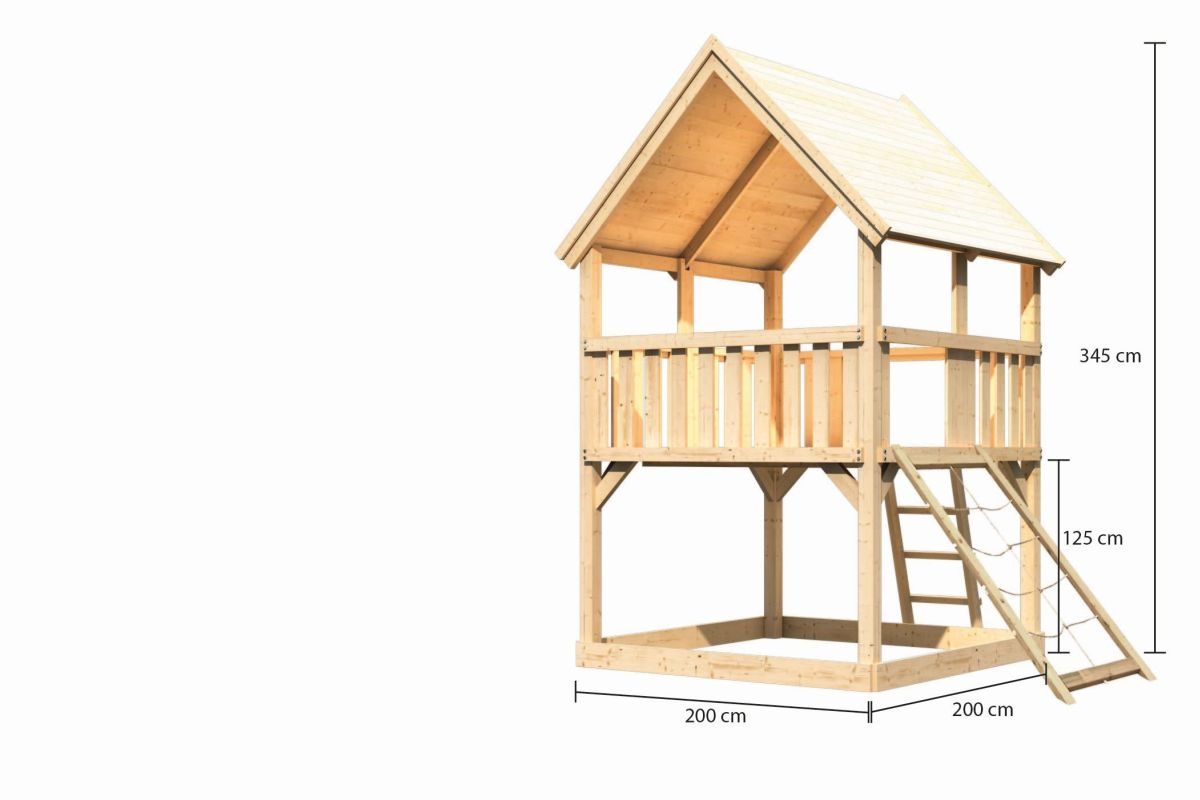 Spielturm Luis naturbelassen, Set mit Netzrampe, Karibu