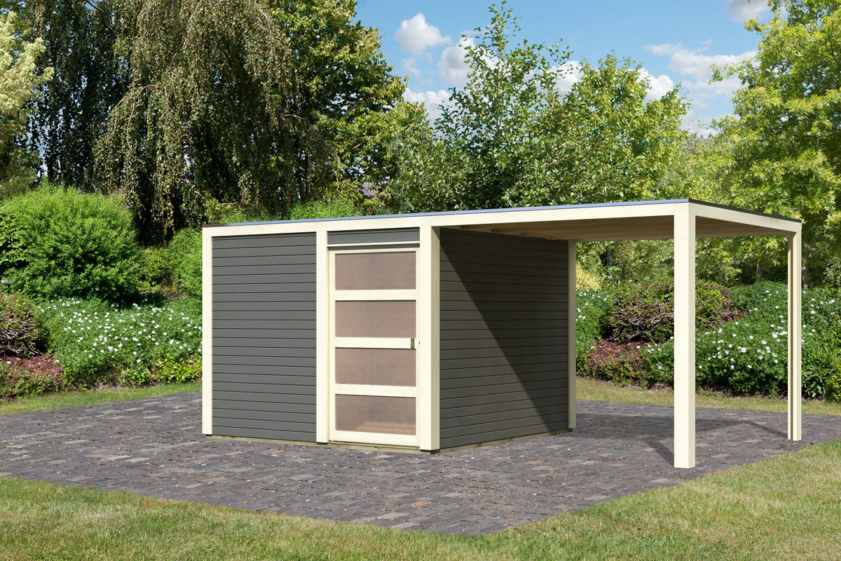 Gartenhaus Qubic 2 - 276x276 cm plus Anbaudach 2,40m, 19 mm Holz terragrau, Karibu