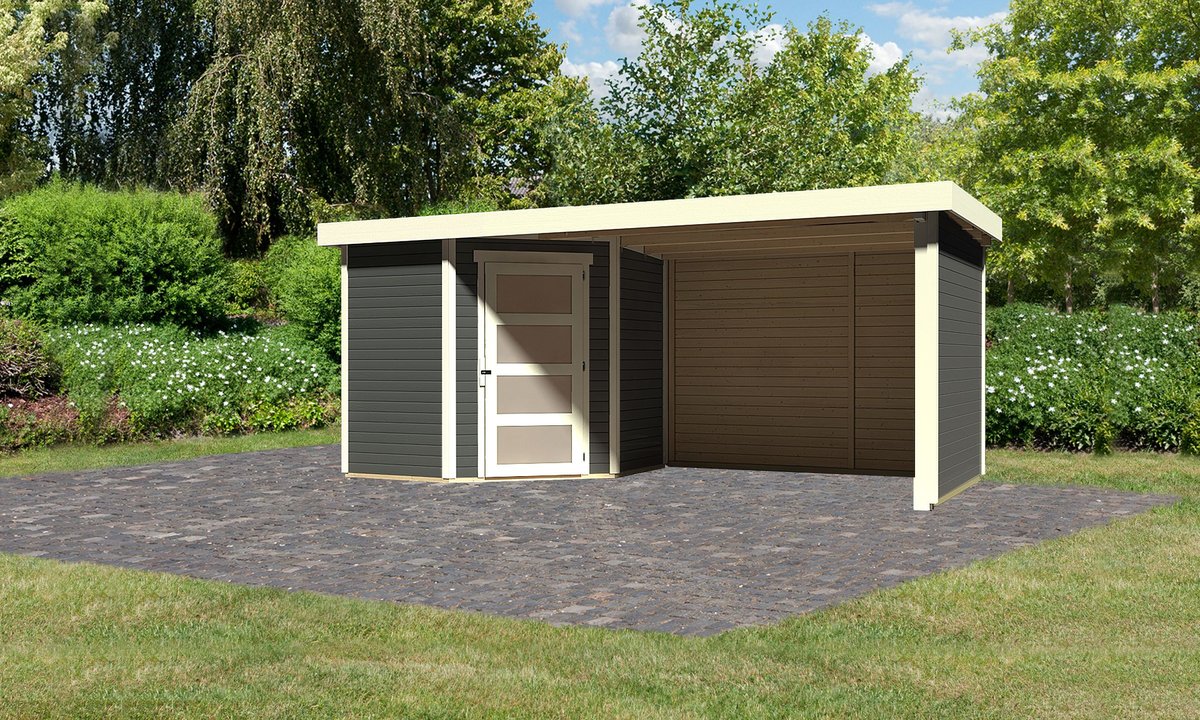 Gartenhaus Schwandorf 3, 213x217 cm plus Anbaudach 2,80m mit Wänden, 19 mm Holz terragrau