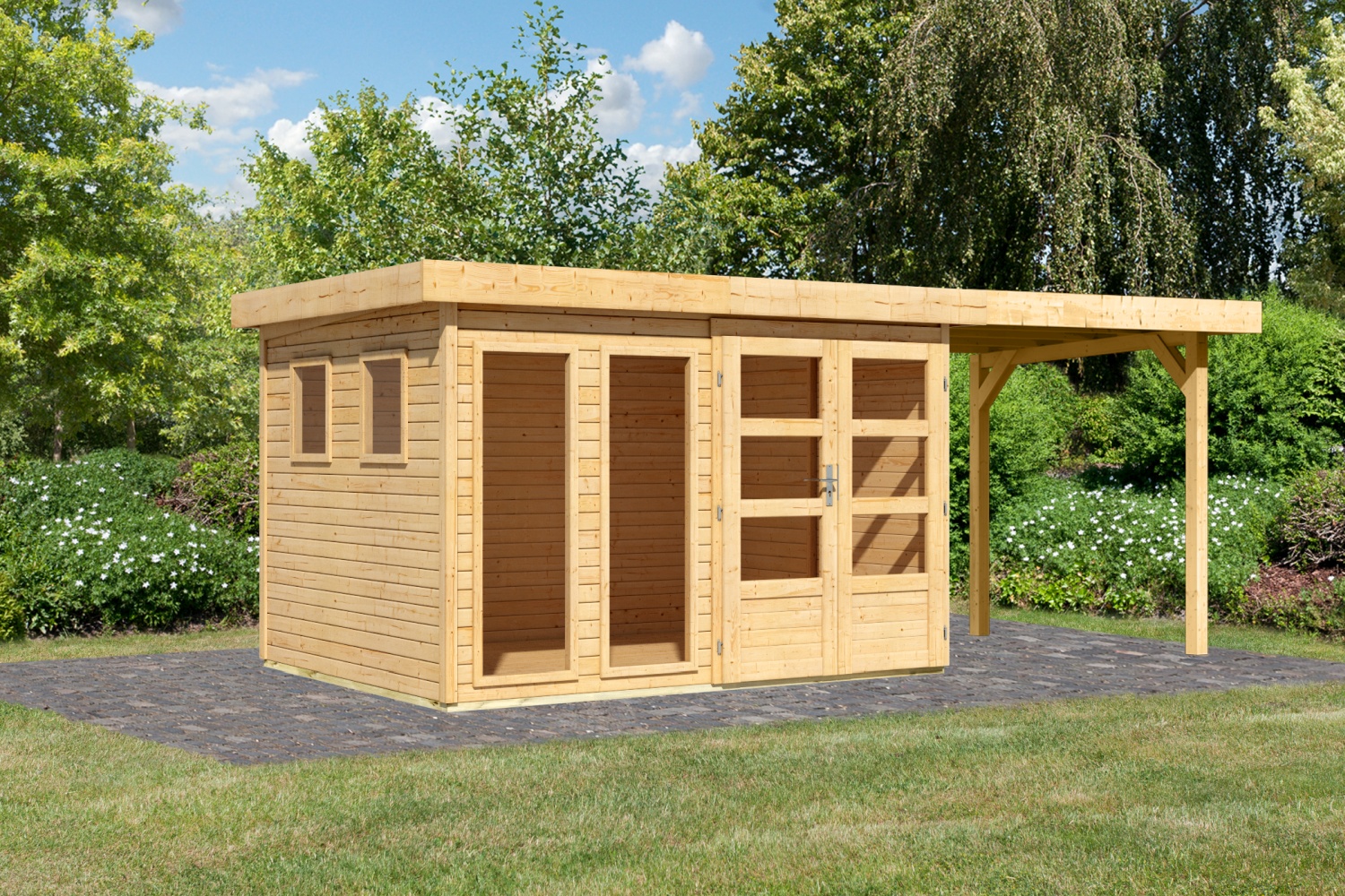 Gartenhaus Lahar 5 - 302x246 cm plus 2,40 m Anbaudach, 19 mm Holz naturbelassen, Karibu