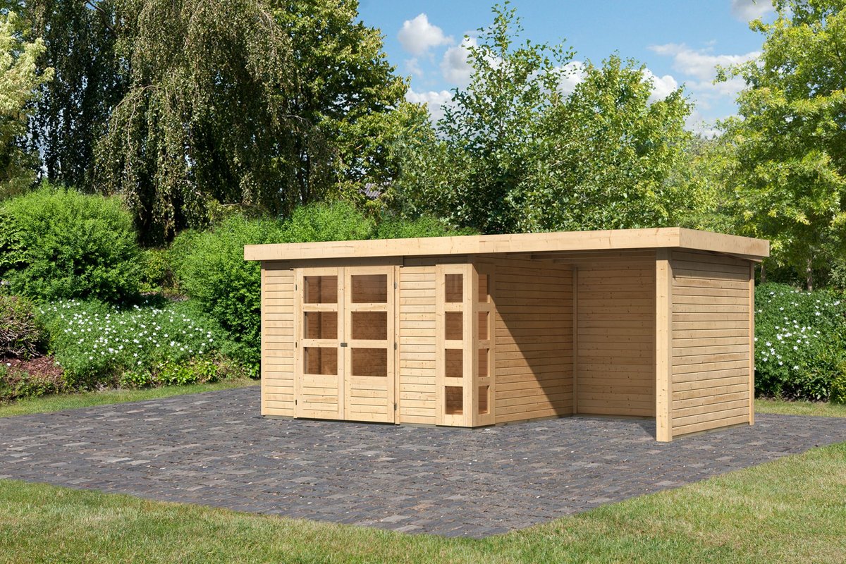 Gartenhaus Kerko 5 - 302x246 cm plus Anbaudach 2,40 m mit Wänden, 19 mm Holz naturbelassen, Karibu
