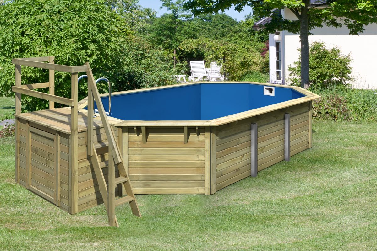 Achteck-Pool X4 400x611 cm Holz kdi mit Terasse, Set mit Filter+Skimmer