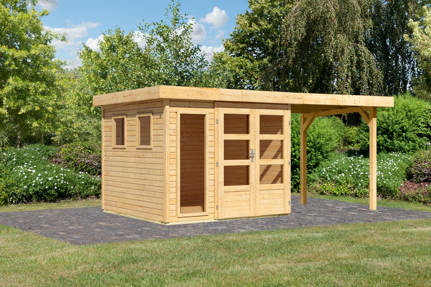 Gartenhaus Lahar 3,5, 242x246 cm plus 2,40 m Anbaudach, 19 mm Holz naturbelassen, Karibu