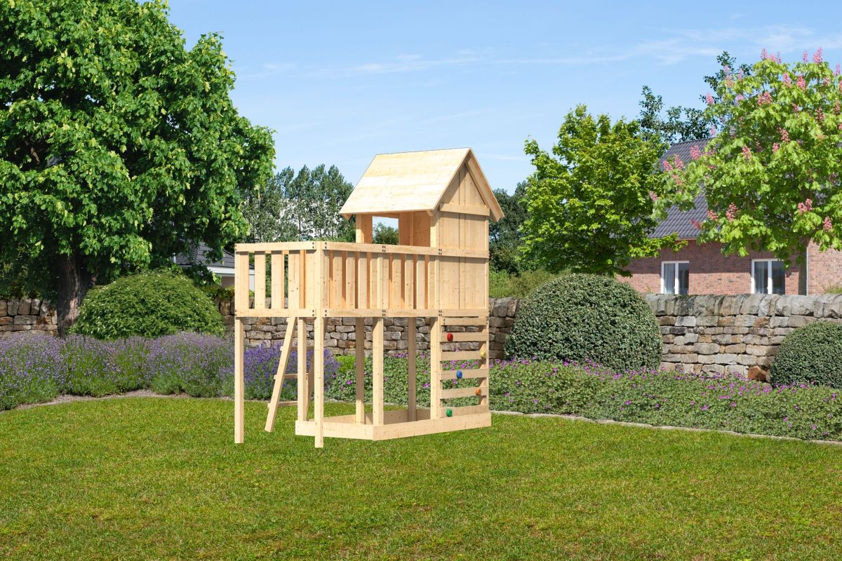 Stelzenhaus Frieda naturbelassen, Set mit Anbauplattform und Kletterwand, Karibu