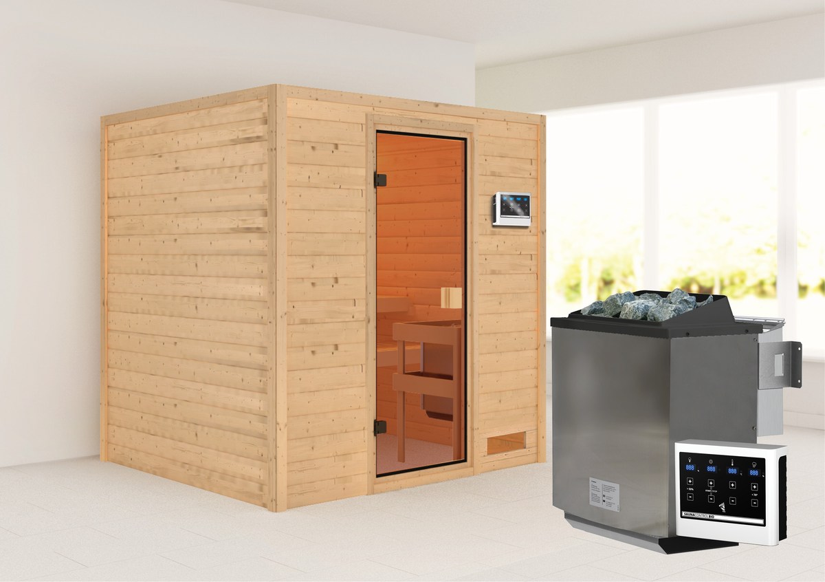 Aktionssauna Bergen 2 - 196x170 cm, 38 mm Massivholz|Set-Ofen 3