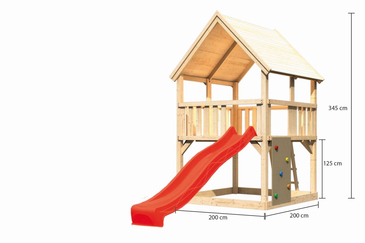 Spielturm Luis natur, SET mit Kletterwand und Rutsche rot, Karibu