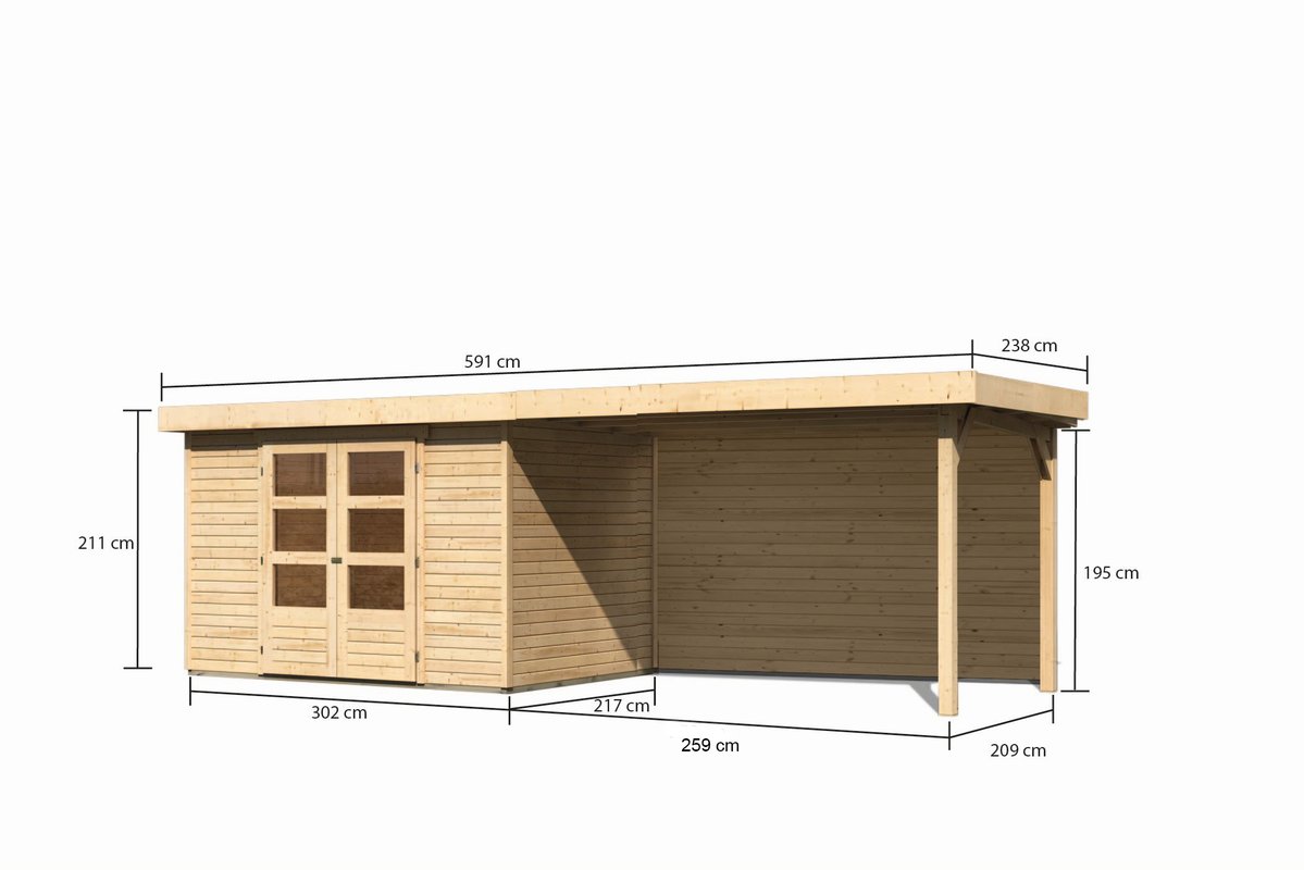 Gartenhaus Askola 4 - 302x217 cm mit Anbaudach 2,80m und Rückwand, 19 mm naturbelassen, Karibu