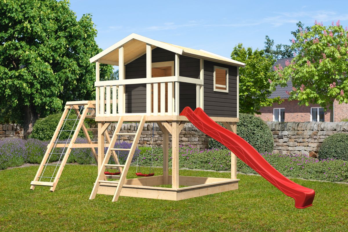 Stelzenhaus Benjamin terragrau mit Kletterschaukel und Rutsche rot