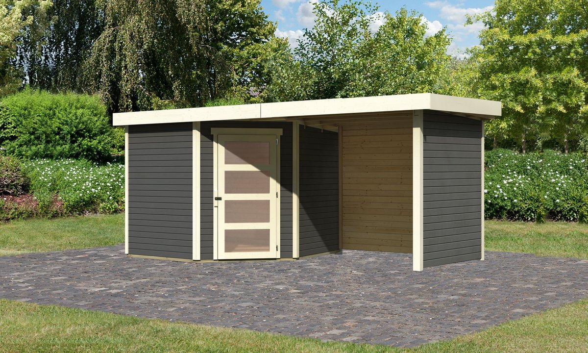 Gartenhaus Schwandorf 5, 242 x 246 cm inkl. Anbaudach 2,40 m mit Wänden, 19 mm Holz terragrau, Karibu
