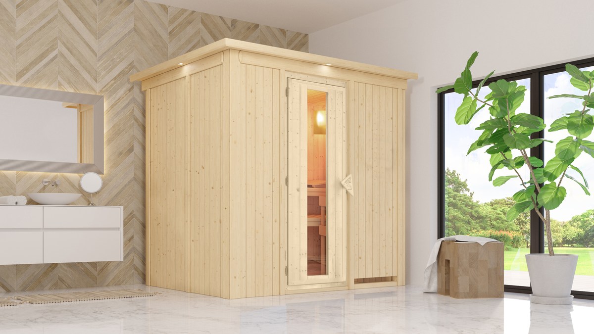 Karibu Energiespar-Sauna Benin GREEN POWER - 196x151 cm, 68 mm Korpus mit Dachkranz|Energiespartür|ohne Ofen