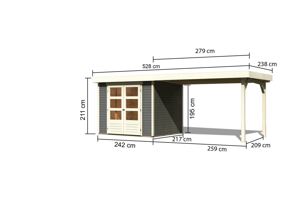 Gartenhaus Askola 3 - 242x217 cm, 19 mm Holz terragrau mit Anbaudach 2,80m, Karibu