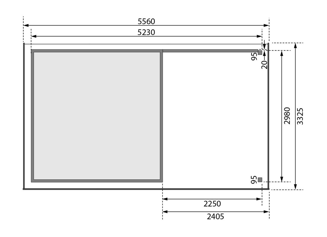 Gartenhaus Askola 6 -302x306 cm mit Anbaudach 2.40m und Rückwand, 19 mm terragrau, Karibu