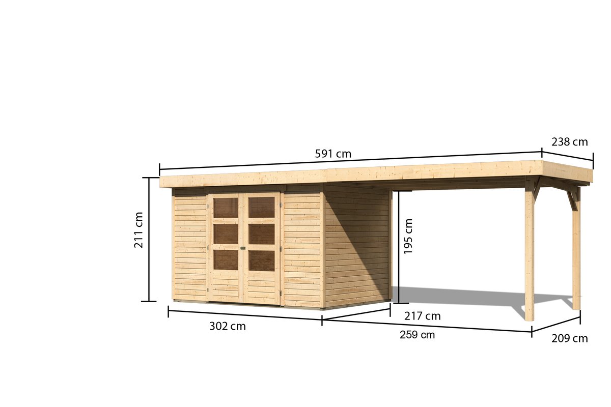 Gartenhaus Askola 4 - 302x217 cm mit Anbaudach 2,80m, 19 mm Holz naturbelassen, Karibu