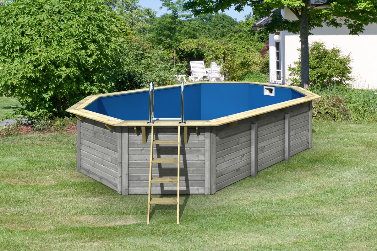Achteck-Pool X4 400x611 cm, Holz wassergrau/Folie blau, Karibu