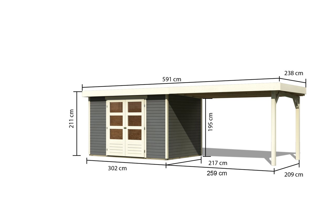 Gartenhaus Askola 4 - 302x217 cm mit Anbaudach 2,80m, 19 mm Holz terragrau, Karibu