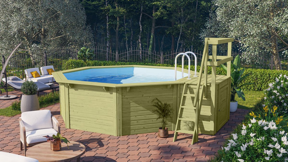 Achteck-Pool X1 400x400 cm Holz kdi mit Terrasse, Set mit Filter+Skimmer