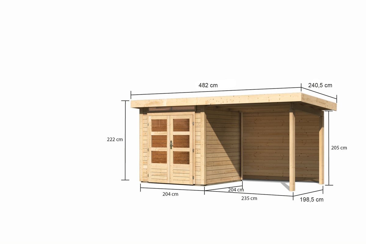 Gartenhaus Kandern 1  - 204x204 cm mit Anbaudach 2,35 m und Rückwand, 28 mm naturbelassen, Karibu