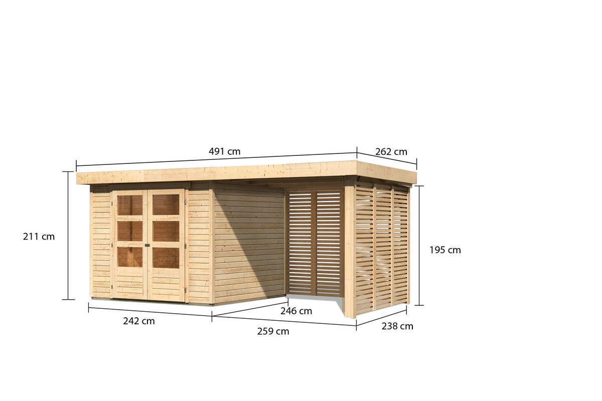 Gartenhaus Askola 3,5 - 242 x 246 cm inkl. Anbaudach 2,40 m mit Lamellenwänden, 19 mm Holz naturbelassen