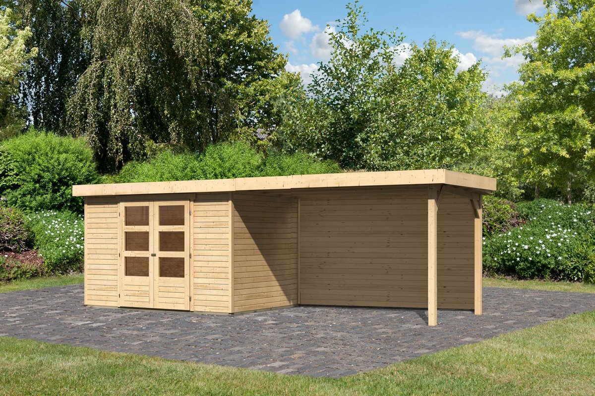 Gartenhaus Askola 4 - 302x217 cm mit Anbaudach 2,80m und Rückwand, 19 mm naturbelassen, Karibu