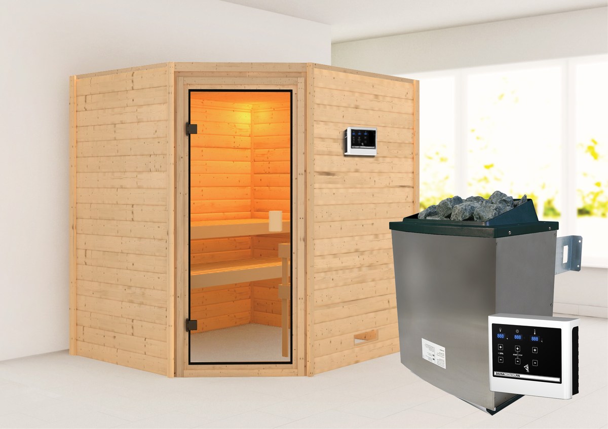 Aktionssauna Turku 2 - 196x170 cm, 38 mm Massivholzsauna|Set-Ofen 2