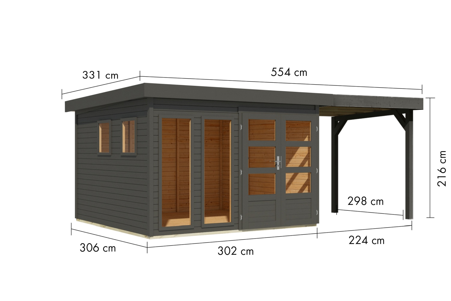 Gartenhaus Lahar 6 - 302x306 cm plus 2,40 m Anbaudach, 19 mm Holz terragrau, Karibu