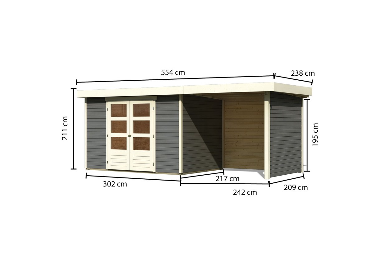 Gartenhaus Askola 4 - 302x217 cm plus Anbaudach 2,40m mit Wänden, 19 mm terragrau, Karibu