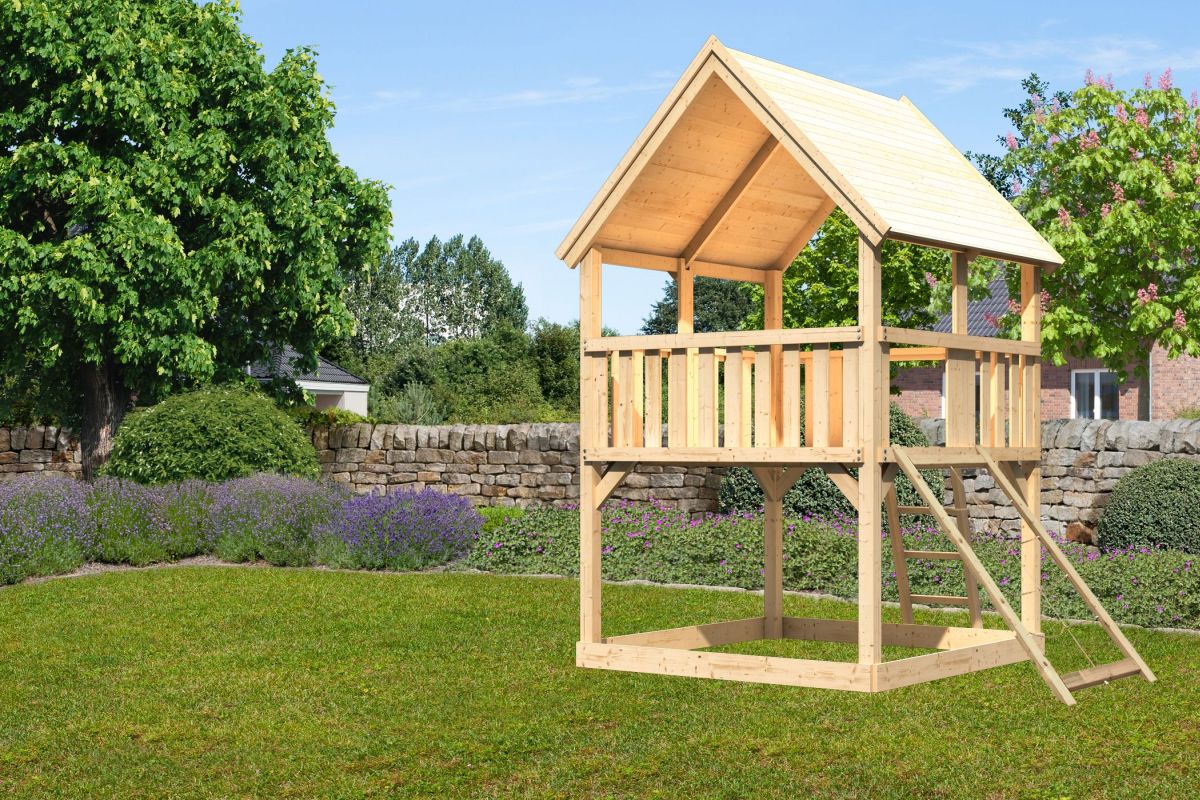 Spielturm Luis naturbelassen, Set mit Netzrampe, Karibu