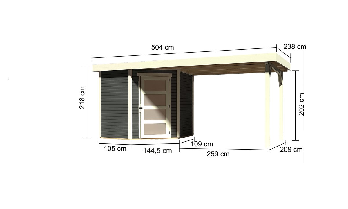 Gartenhaus Schwandorf 3, 213x217 cm, inkl. Anbaudach 2,80m, 19 mm Holz terragrau, Karibu
